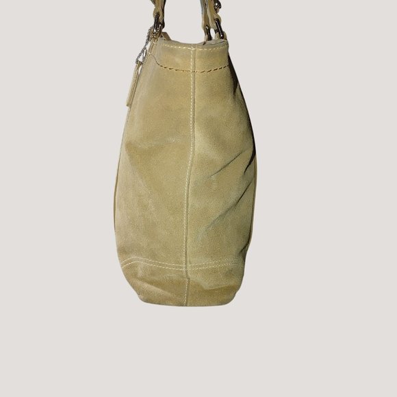 Coach Leatherware Suede Beaded Stripe Beige Tote Bag Dual Handles Zipper Closure - Picture 12 of 14